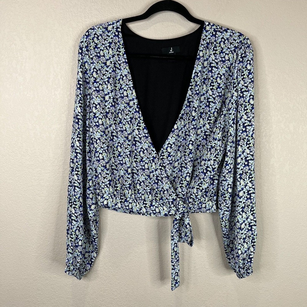 Jason Wu Womens Wrap Blouse Top Blue Floral Print Long Sleeve V Neck Sz Medium M